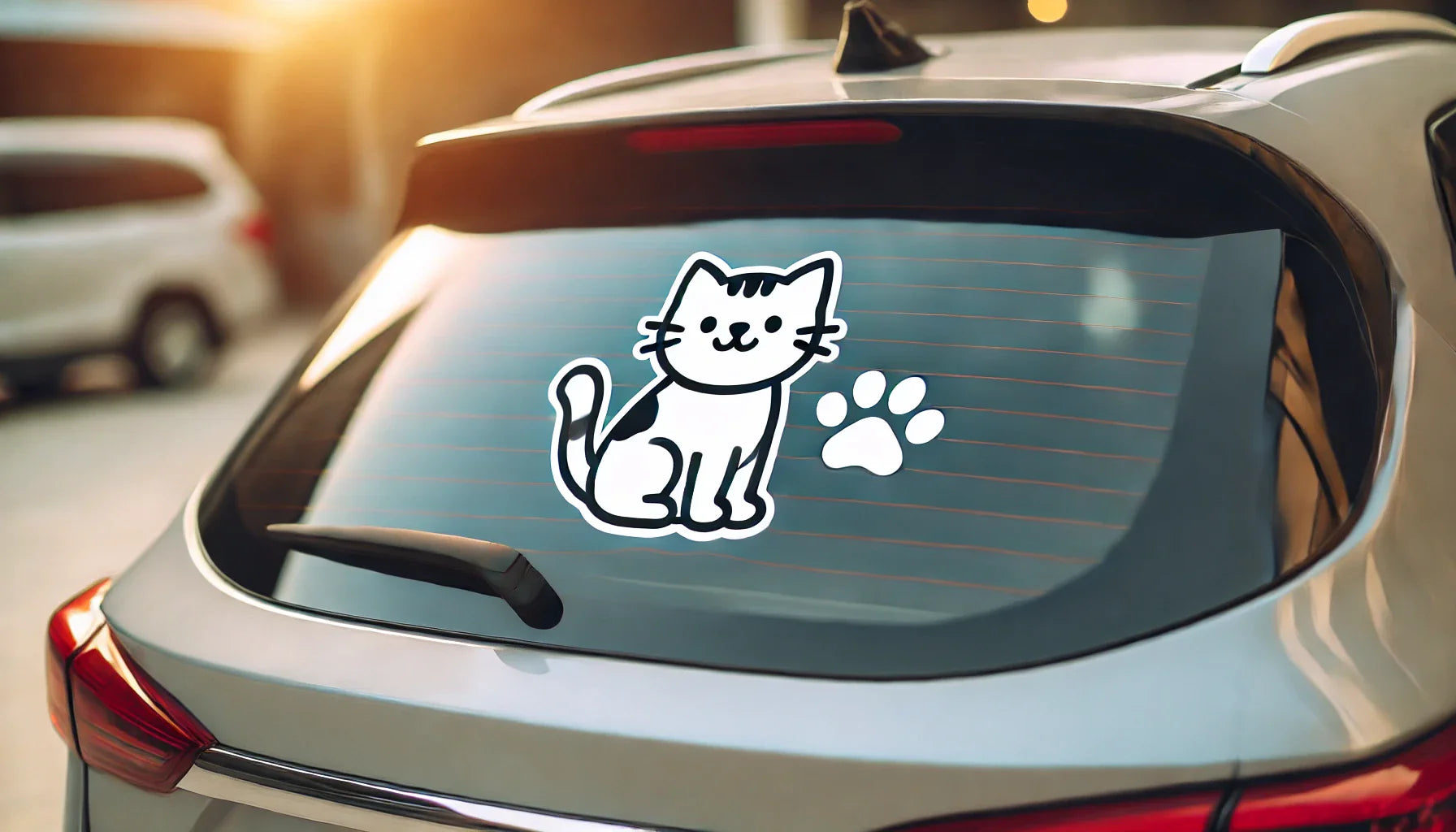 Sticker unique sur le thème des chats, représentant un dessin minimaliste, appliqué sur la vitre arrière d'une voiture dans un environnement extérieur lumineux