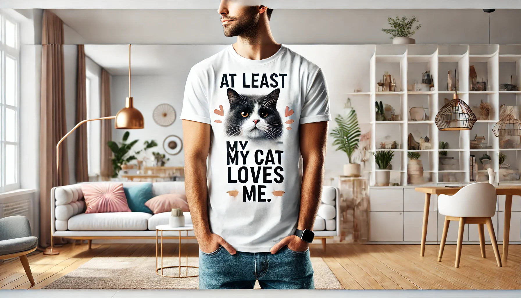 Un homme portant un t-shirt blanc avec un design humoristique de chat, accompagné du texte 'At least my cat loves me', dans un intérieur moderne et lumineux avec une décoration élégante