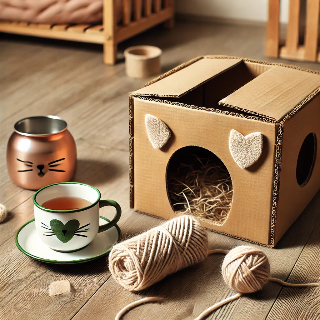 Jouet pour chat fait main en ficelle et maison en carton recyclé, disposés sur un parquet pour une décoration écologique et créative