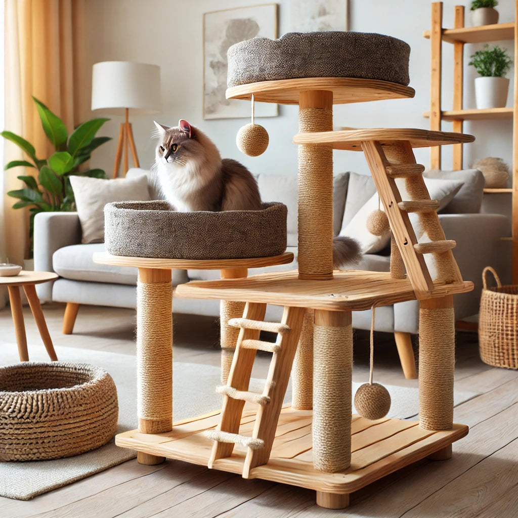 Arbre à chat fait maison, avec plateformes en bois, corde en sisal pour les griffades, et espaces de repos rembourrés, exposé dans un salon lumineux