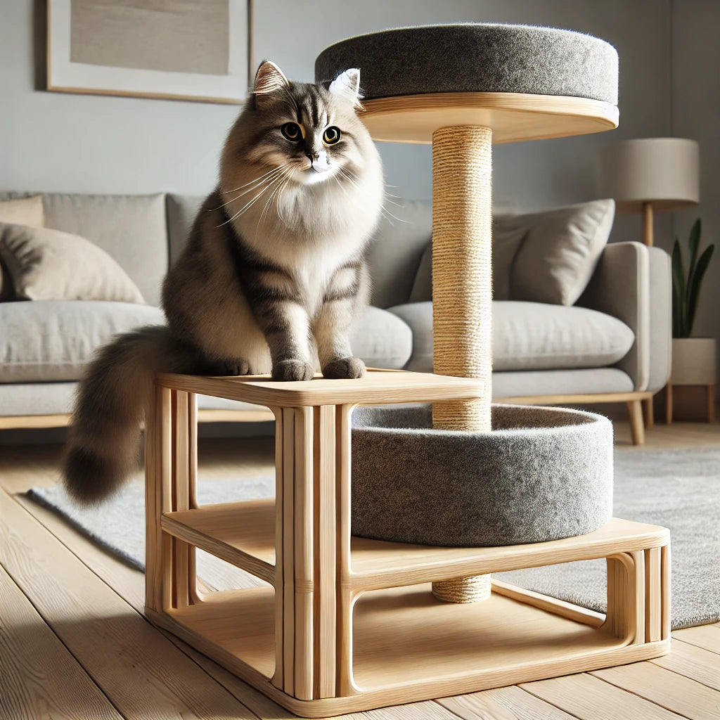 Arbre à chat en bois avec plateformes et coussins gris