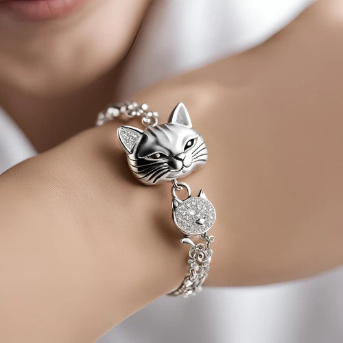 Bracelet en argent orné de cristaux Swarovski en forme de tête de chat, bijou raffiné pour les amoureux des félins