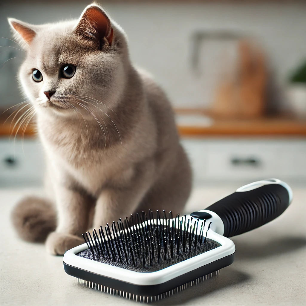 Brosse pour chat à poils courts avec des picots en caoutchouc et un manche ergonomique, posée sur un plan de travail avec un chat British Shorthair réaliste à proximité