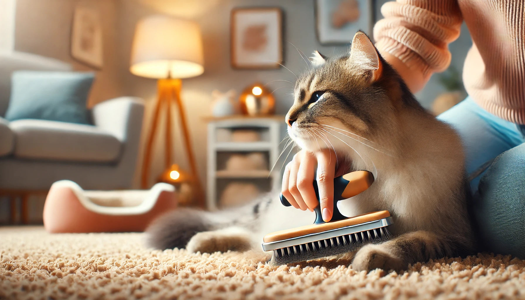 Chat détendu pendant un brossage avec une brosse adaptée, idéale pour le toilettage et la réduction des poils morts