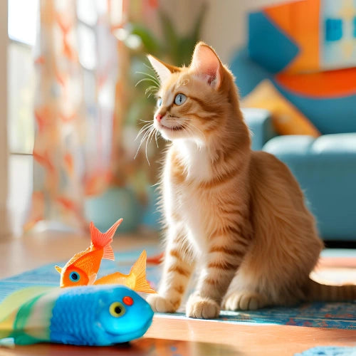 Chat roux assis près de jouets poissons interactifs colorés, dans un salon lumineux avec une décoration moderne et vivante. Idéal pour stimuler et divertir votre félin