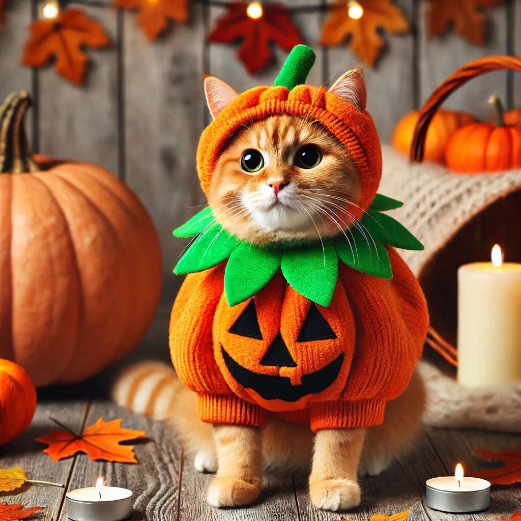 Un adorable chat roux portant un costume de citrouille orange et vert, assis sur un sol en bois, entouré de citrouilles sculptées, feuilles d'automne et bougies