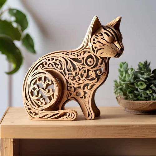 Statue chat en bois avec motifs sculptés, parfaite pour une décoration intérieure élégante et naturelle