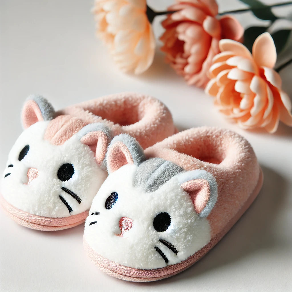 Chaussons féminins en peluche pastel, ornés d’un visage de chat et de petites oreilles, posés sur une surface blanche pour mettre en valeur leur design doux et charmant.