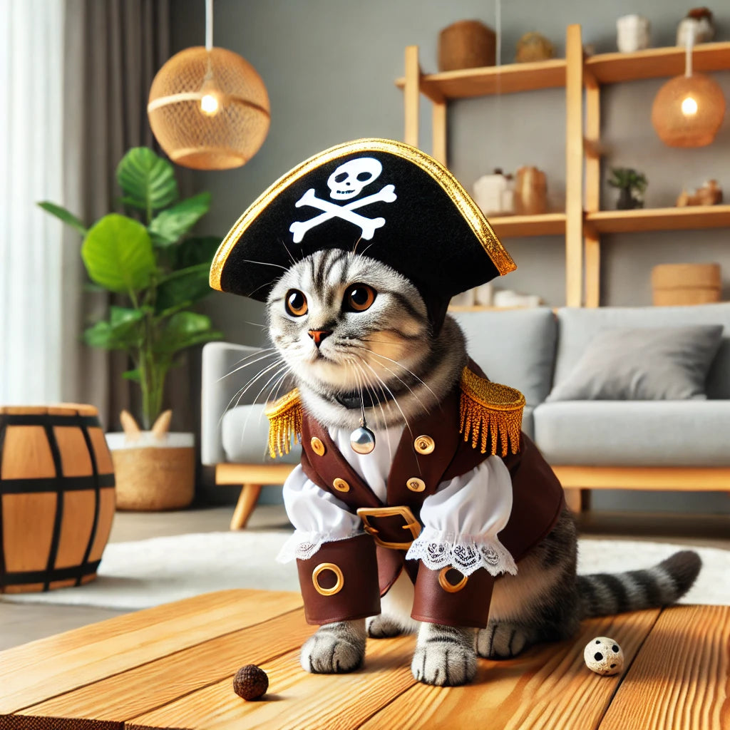 Chat portant un déguisement chat pirate avec un chapeau à tête de mort et une tenue détaillée, assis dans un salon moderne. Parfait pour les fêtes ou les séances photo