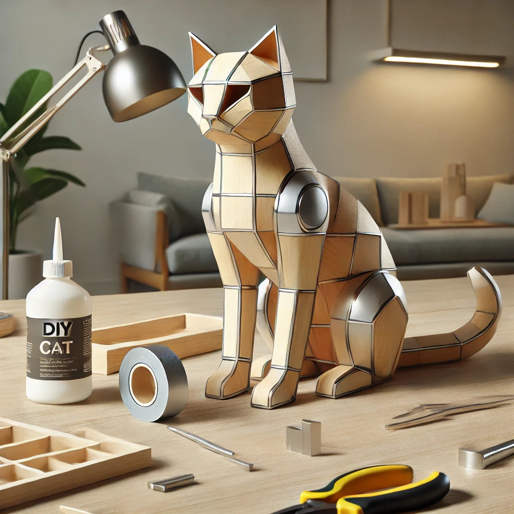 Kit DIY pour assembler une statue en bois de chat, parfait pour les amateurs de bricolage et de décoration féline