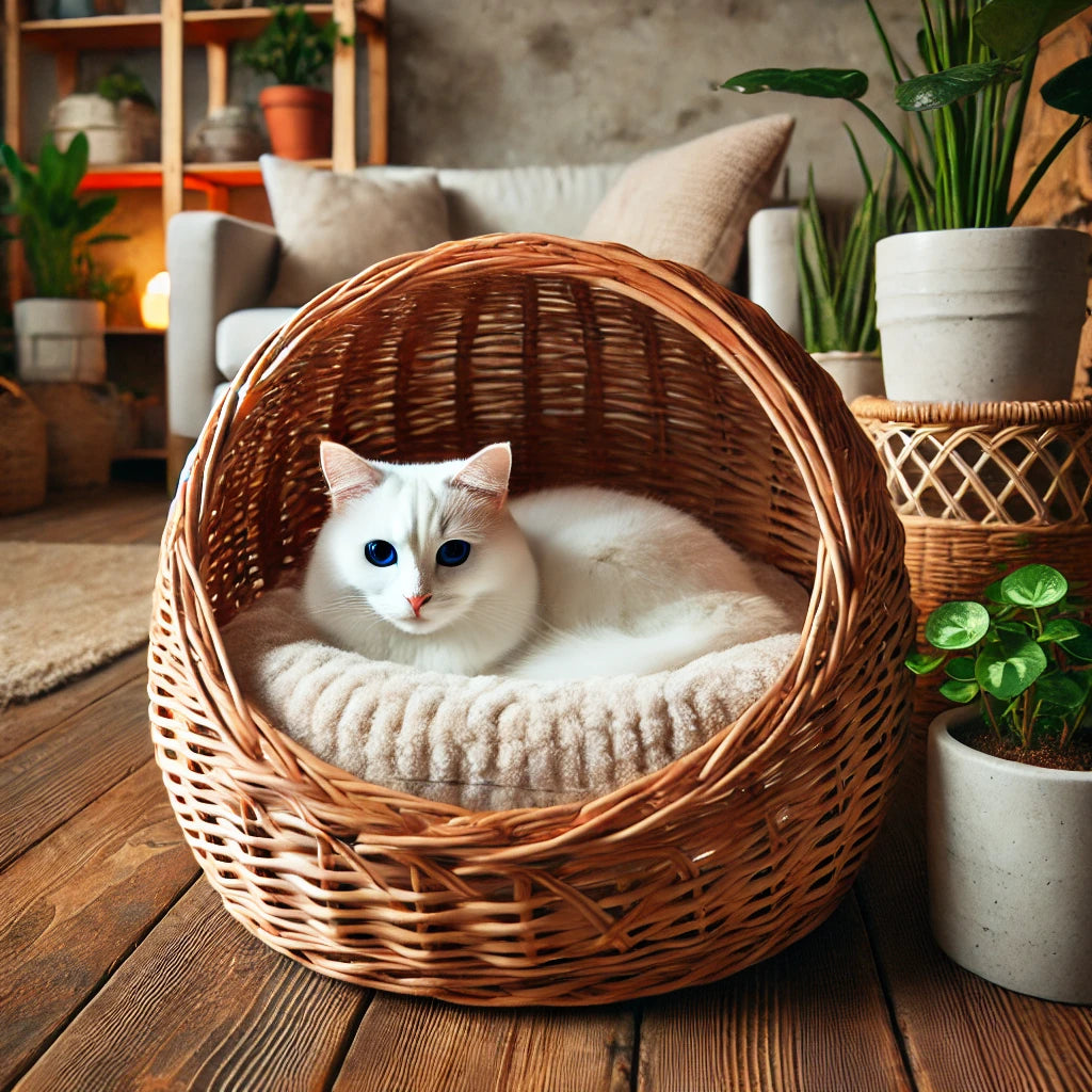 Un panier en osier naturel avec un coussin moelleux, occupé par un chat blanc aux yeux bleus. L’environnement rustique comprend des plantes vertes et une lumière tamisée,