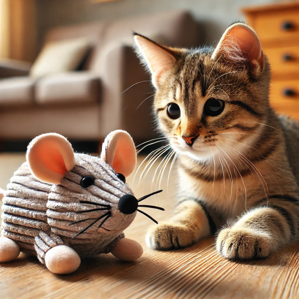 Un jouet en peluche réaliste en forme de souris, placé sur un sol en bois clair. Une patte de chat tigré s’approche pour le toucher