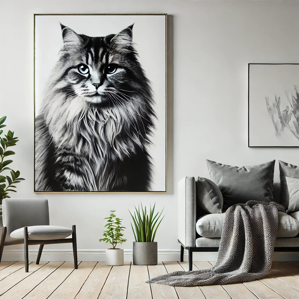 Un grand poster noir et blanc d’un majestueux chat, accroché dans un salon minimaliste. Le décor comprend un canapé gris, une couverture douillette et une plante verte