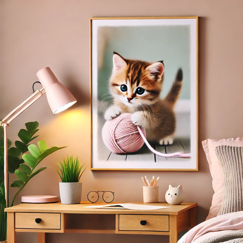 Un poster représentant un chaton jouant avec une pelote de laine, fixé sur un mur pastel. La pièce comprend un bureau en bois, une lampe douce et des plantes décoratives