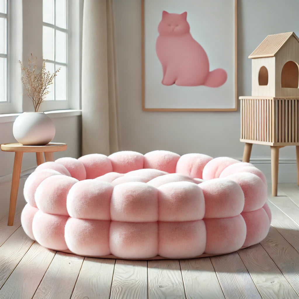 Pouf Marshmallow rose pour chat, accessoire confortable et design idéal pour le repos des félins