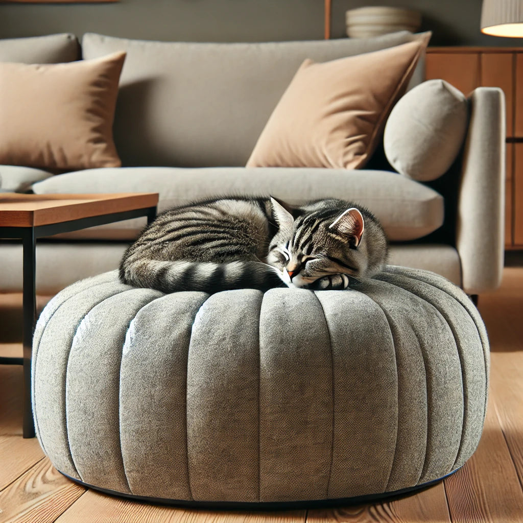 Un pouf doux et rembourré pour chat, de couleur grise, avec un chat tigré endormi dessus. Le pouf est placé dans un salon au design moderne avec un sol en bois et un canapé élégant