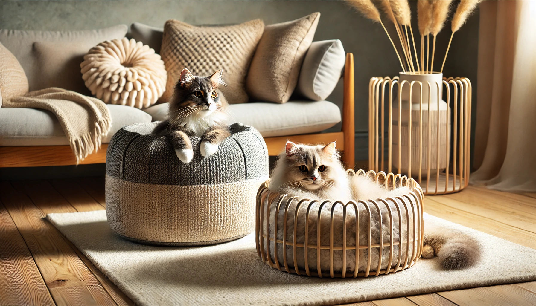 Deux chats allongés sur des poufs et coussins design, parfaits pour un confort optimal et une décoration élégante