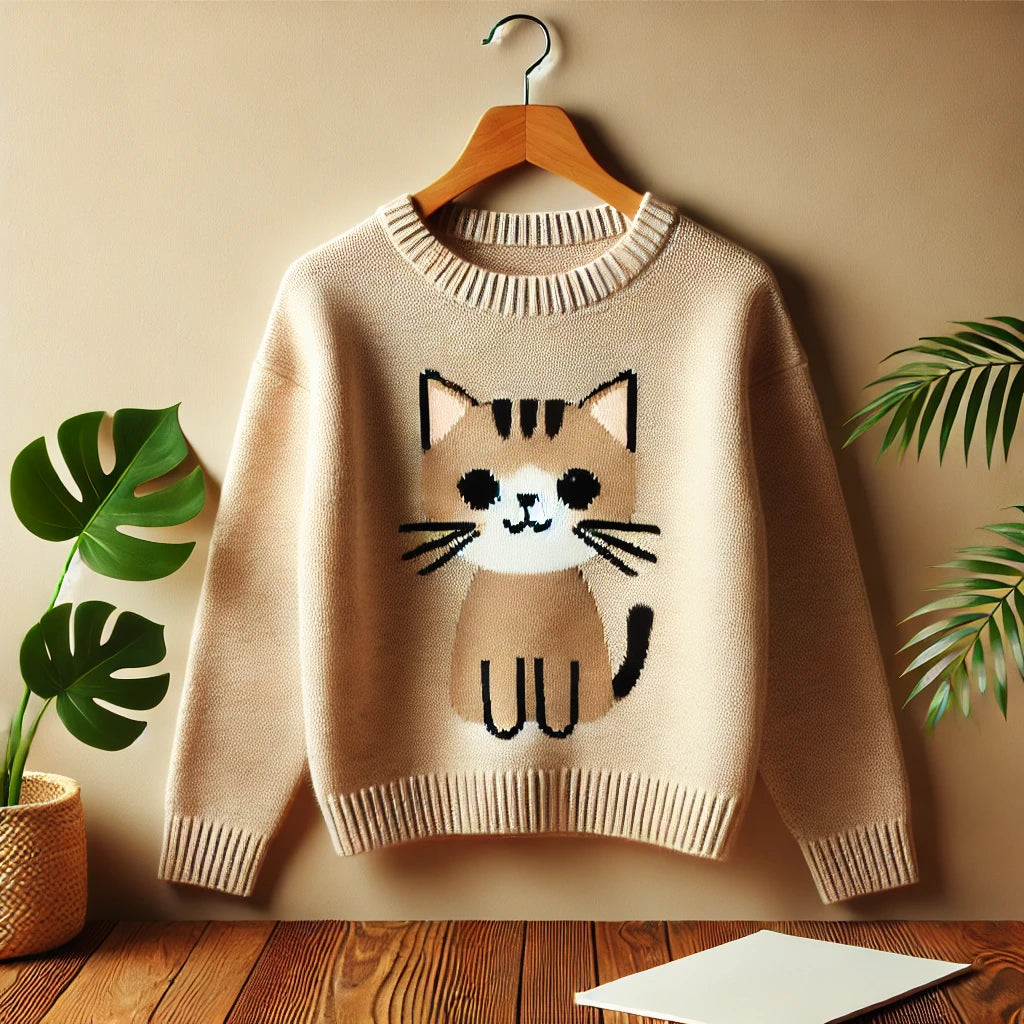 Un pull en maille confortable avec un motif de visage de chat amusant, suspendu sur un cintre en bois