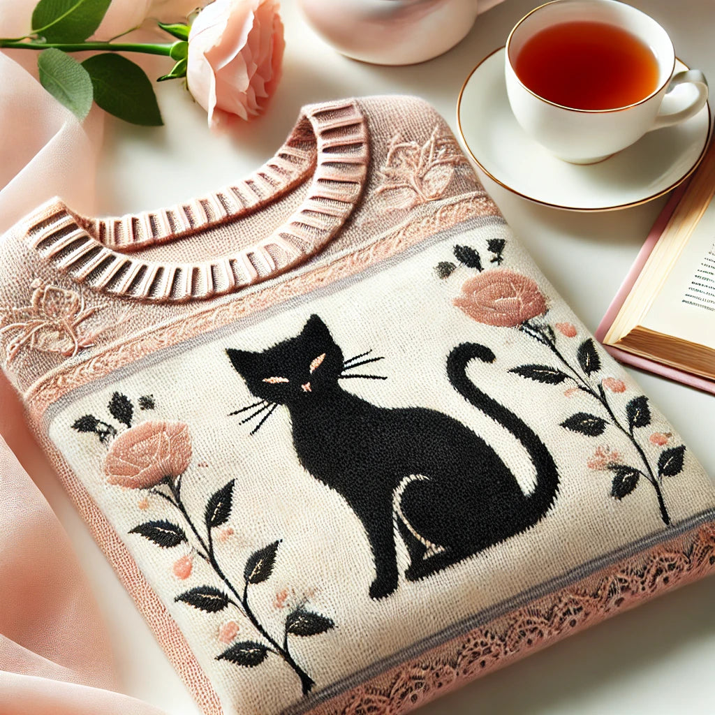 Un pull chic en cachemire pour femme avec un motif silhouette de chat, soigneusement plié sur une table blanche. Une tasse de thé et un livre en arrière-plan