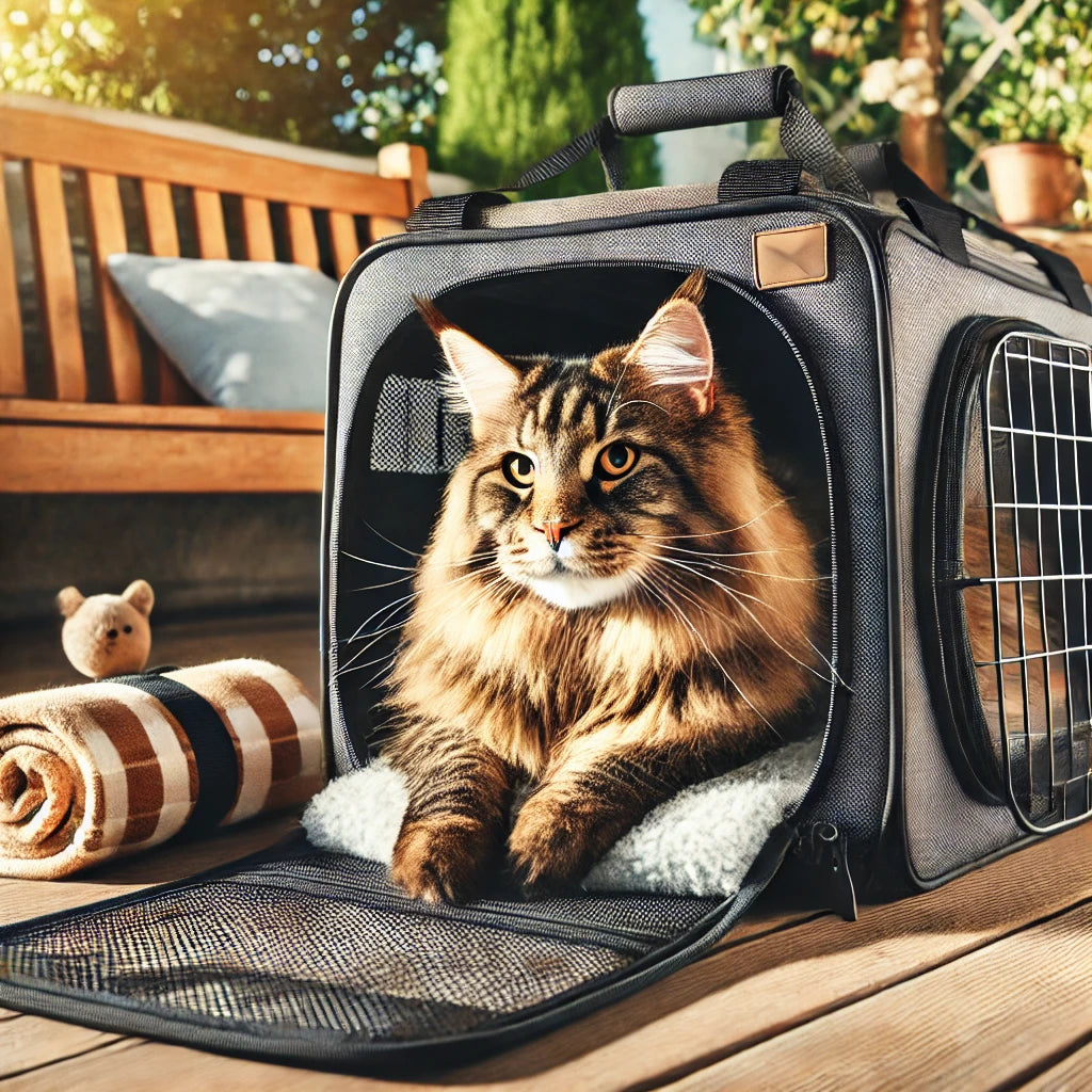 Un sac de transport extra-large, conçu pour les grands chats comme les Maine Coons. Le sac est spacieux avec des côtés ventilés, et un grand chat tigré se détend à l’intérieur, accompagné d’une couverture et de jouets.