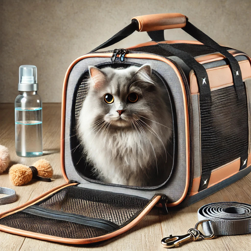 Un sac de transport pour chat avec panneaux en maille respirante, posé sur un sol en bois. Un chat gris curieux regarde à l’extérieur, entouré d’accessoires de voyage comme une gourde et une laisse.