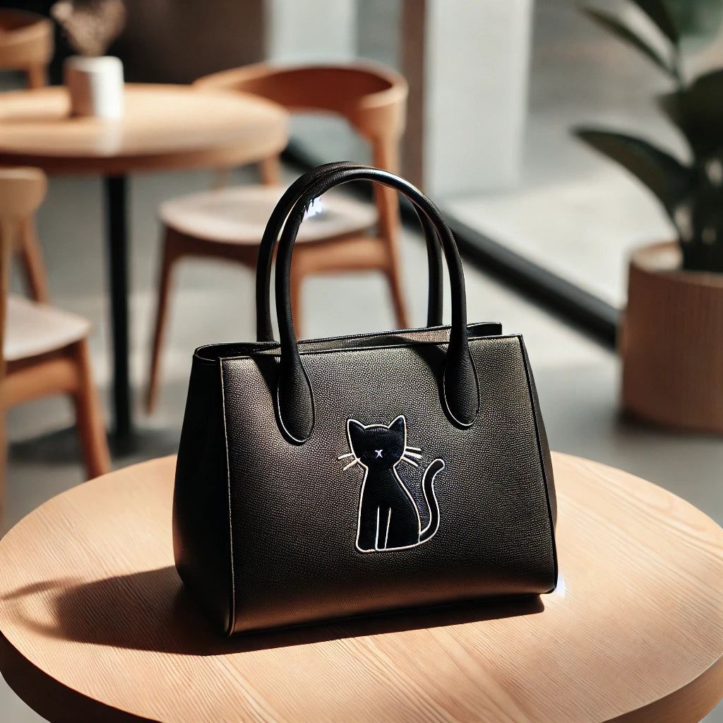 Un sac à main élégant en cuir noir, orné d’une petite silhouette de chat brodée. Le sac repose sur une table en bois avec une décoration minimaliste