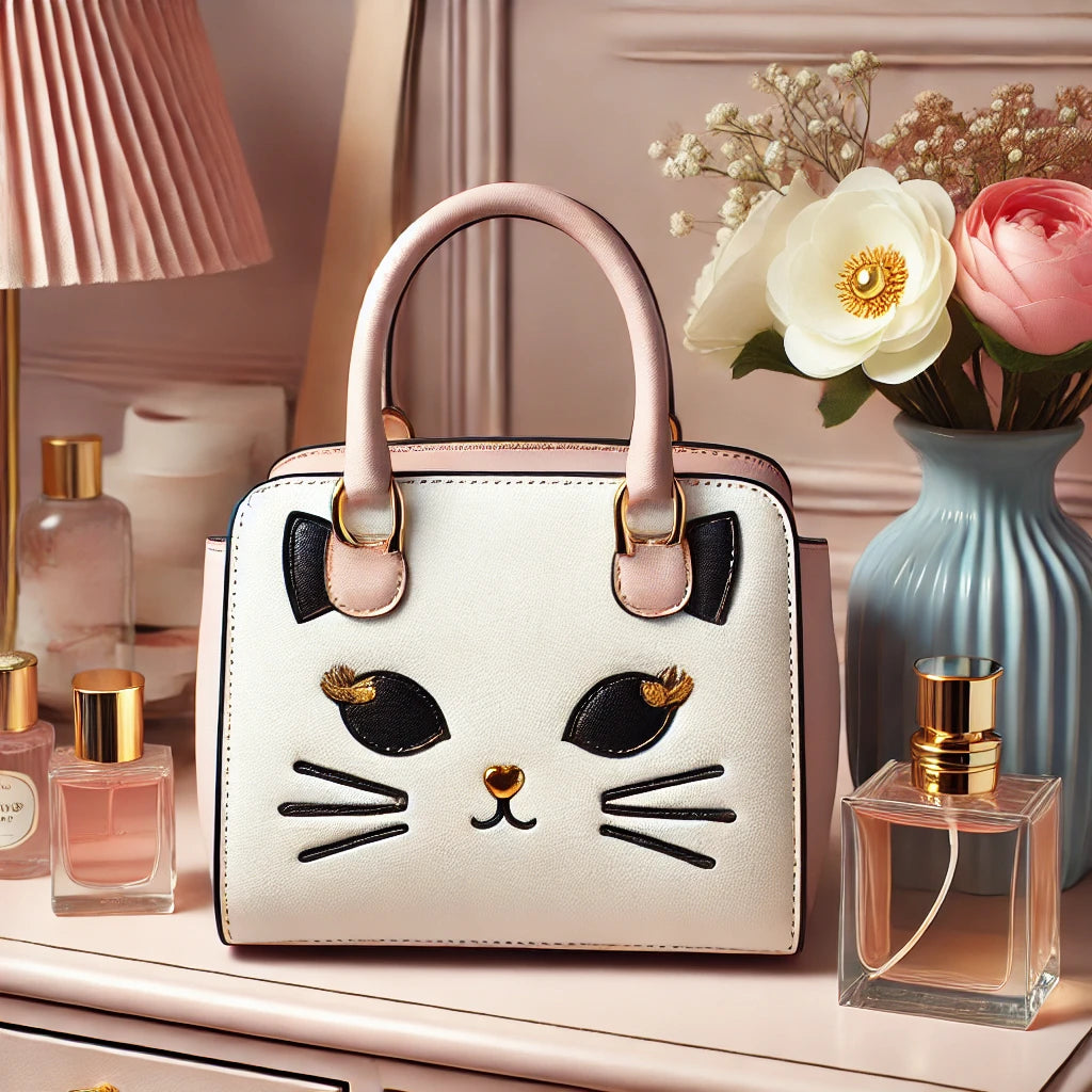 Un sac à main chic avec un design de visage de chat et des détails dorés, placé sur une coiffeuse pastel. Des accessoires féminins tels que des bouteilles de parfum et des fleurs complètent la scène.