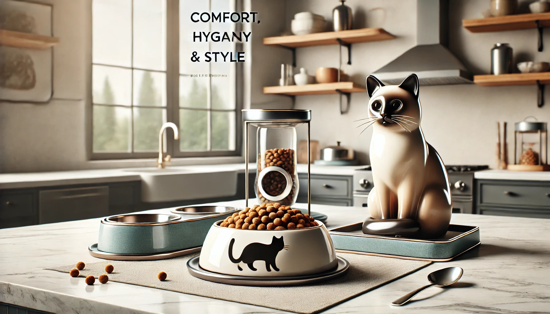 Bols pour chat avec distributeur de croquettes, design élégant pour un repas confortable et stylé