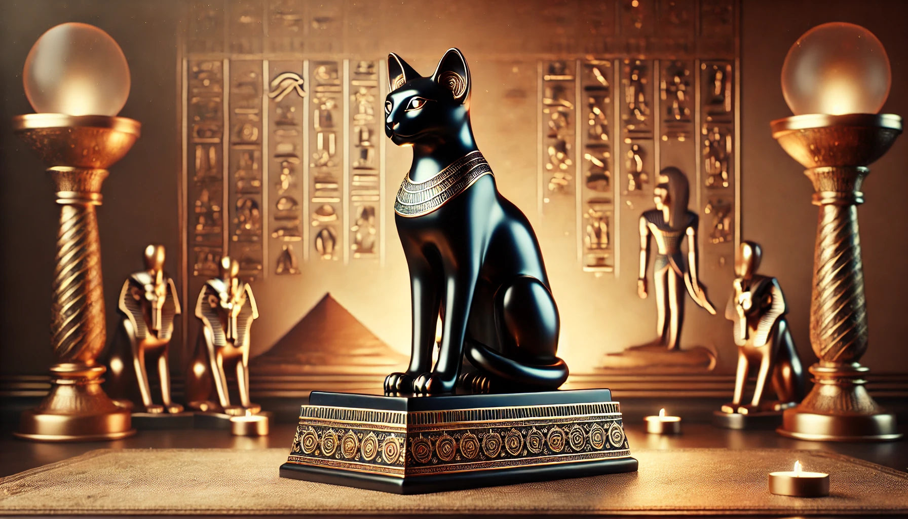 Statue de chat égyptien noir ornée de motifs dorés, symbolisant Bastet, parfaite pour une décoration inspirée de l'Égypte antique