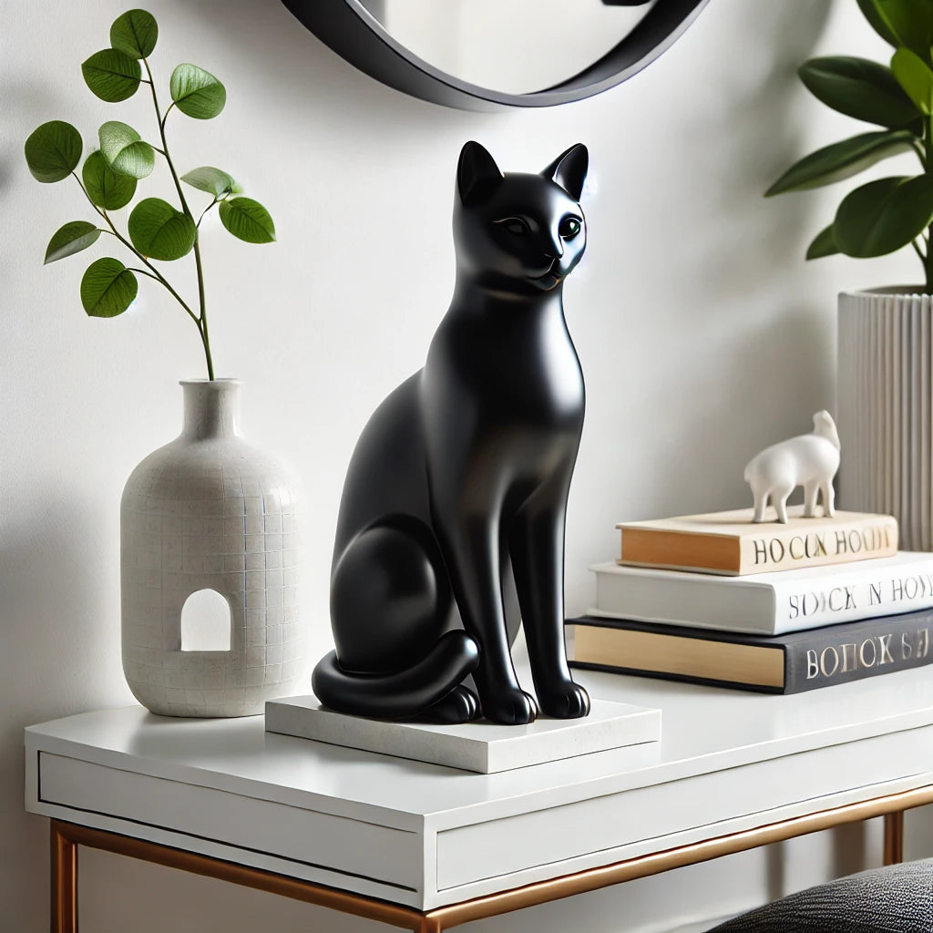 Une statue de chat en résine noire au design minimaliste, posée sur une console blanche moderne. L’ensemble est décoré avec des livres et une plante