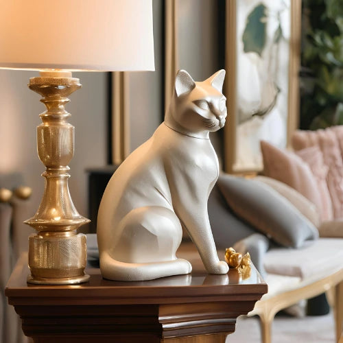 Statue de chat blanc en céramique sur une table élégante, parfaite pour une décoration intérieure raffinée