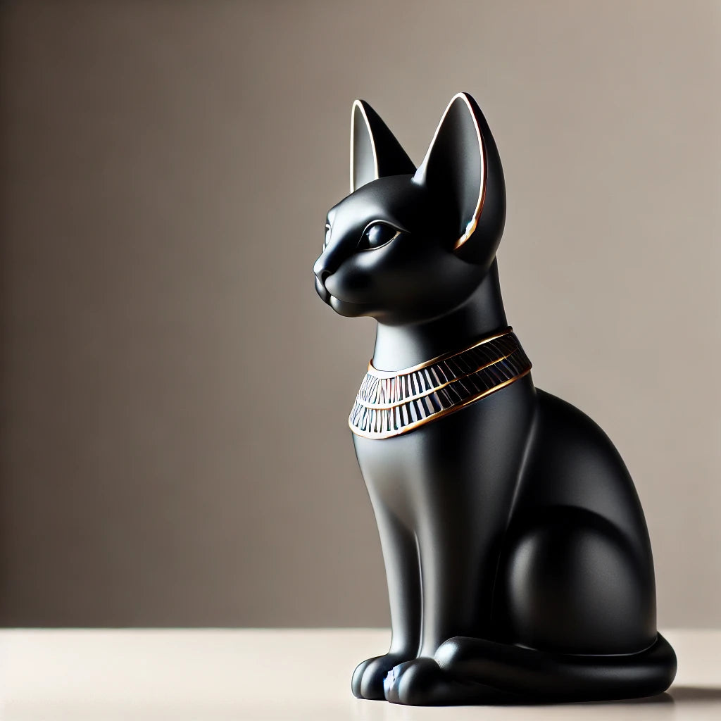 Statue de chat égyptien noir au fini mat, ornée de détails dorés sur le collier et les oreilles, posée sur une surface neutre