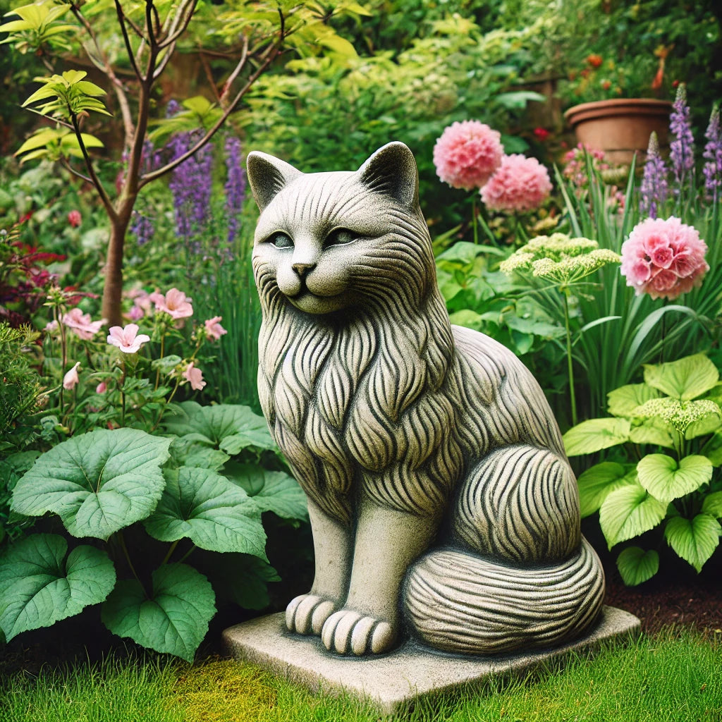 Une statue de chat en pierre au style réaliste, représentant un félin assis avec des détails fins. Elle est placée dans un jardin verdoyant parmi des fleurs et des feuillages