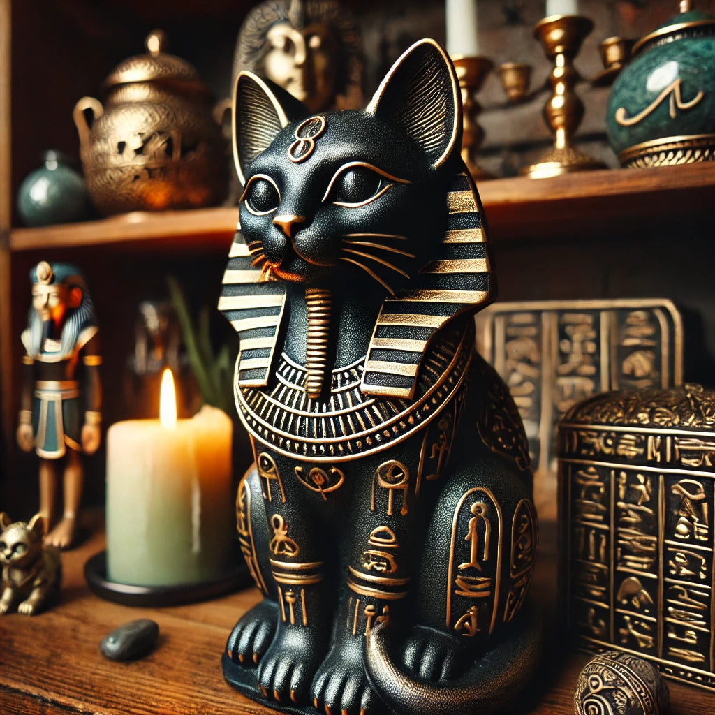 Une statue de chat égyptien en résine noire, ornée d’un collier et de motifs dorés. Elle est posée sur une étagère en bois entourée de bougies et d’objets décoratifs