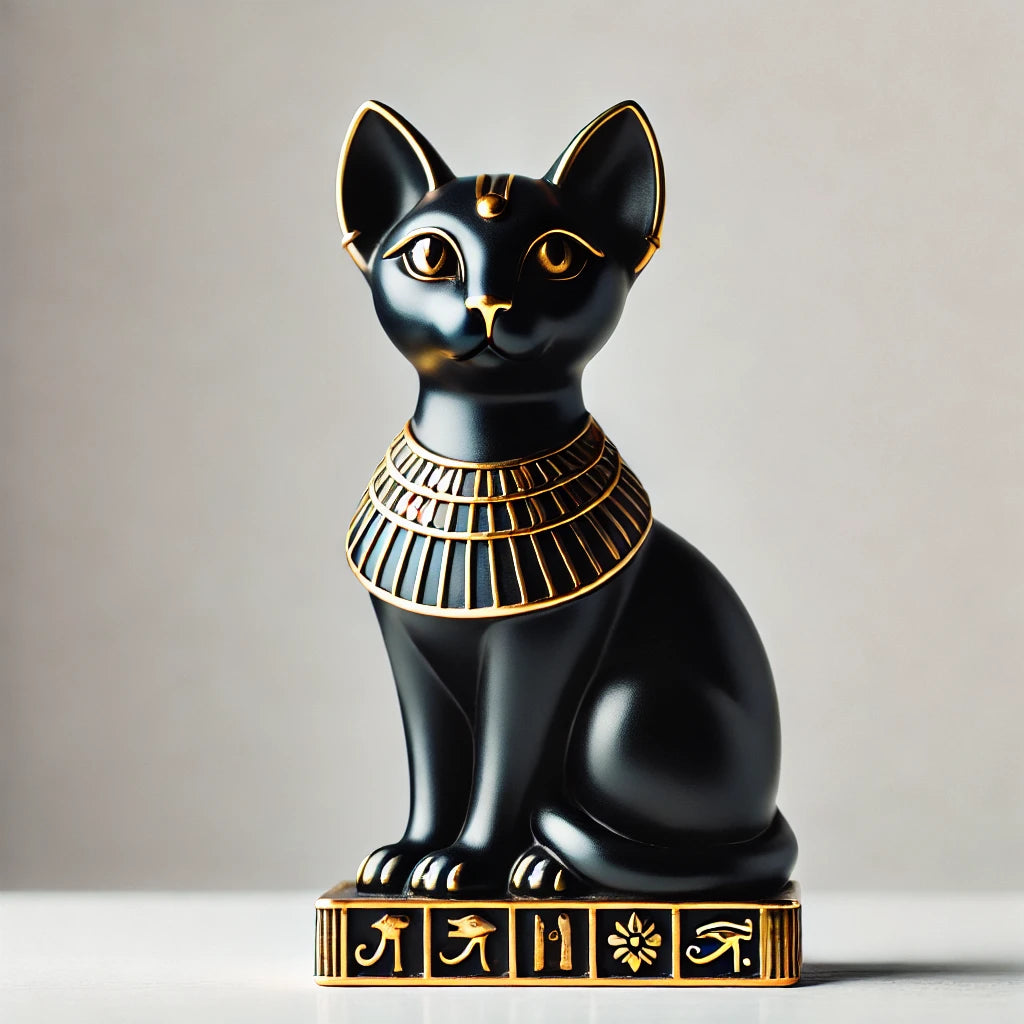 Statuette de chat égyptien en résine noire avec ornements dorés, collier gravé et motifs symboliques, posée sur un fond blanc.