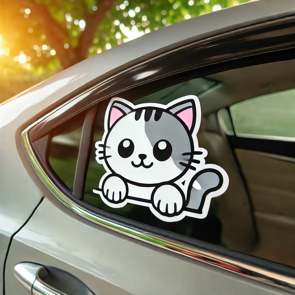 Un sticker de voiture représentant un chat cartoon curieux, collé sur une vitre latérale. Le décor extérieur comprend des arbres et une lumière naturelle