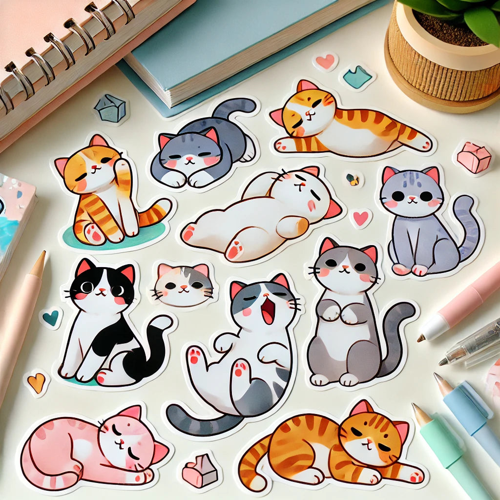 Une collection de stickers de chats illustrés dans différentes poses, placés sur une surface blanche avec des fournitures de bureau