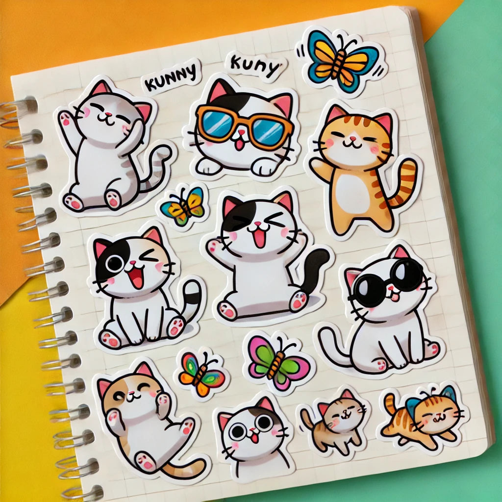 Une collection de stickers amusants représentant des chats avec des expressions et poses décalées, collée sur un carnet coloré