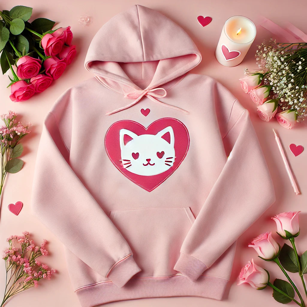 Un sweat-shirt rose orné d’un motif en forme de cœur avec un chat