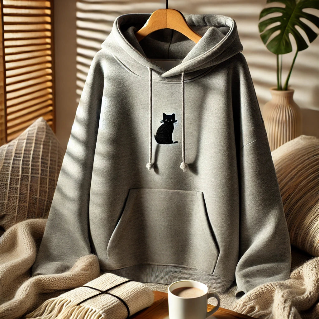 Un sweat-shirt gris à capuche avec un design discret représentant une silhouette de chat, suspendu sur un cintre en bois