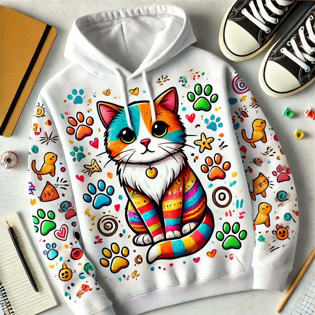 Un hoodie avec un design cartoon de chat entouré d’empreintes de pattes et de gribouillages colorés