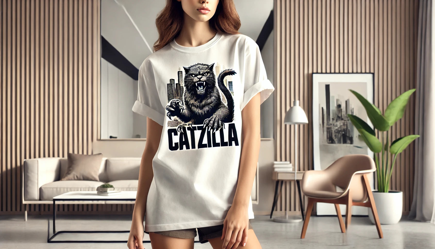 T-shirt femme avec imprimé Catzilla, un design humoristique et original pour les fans de chats