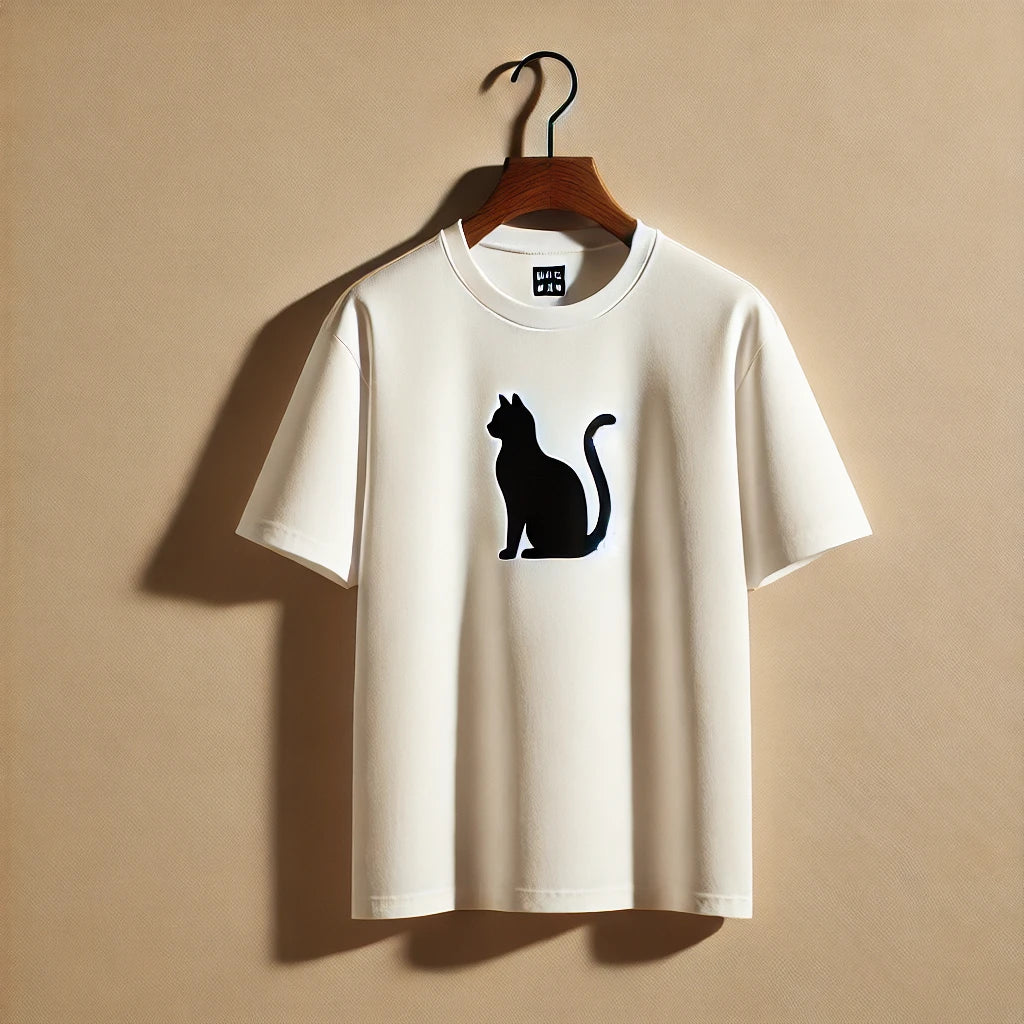 Un T-shirt de la collection Uniqlo avec un motif épuré de chat noir, suspendu sur un cintre en bois