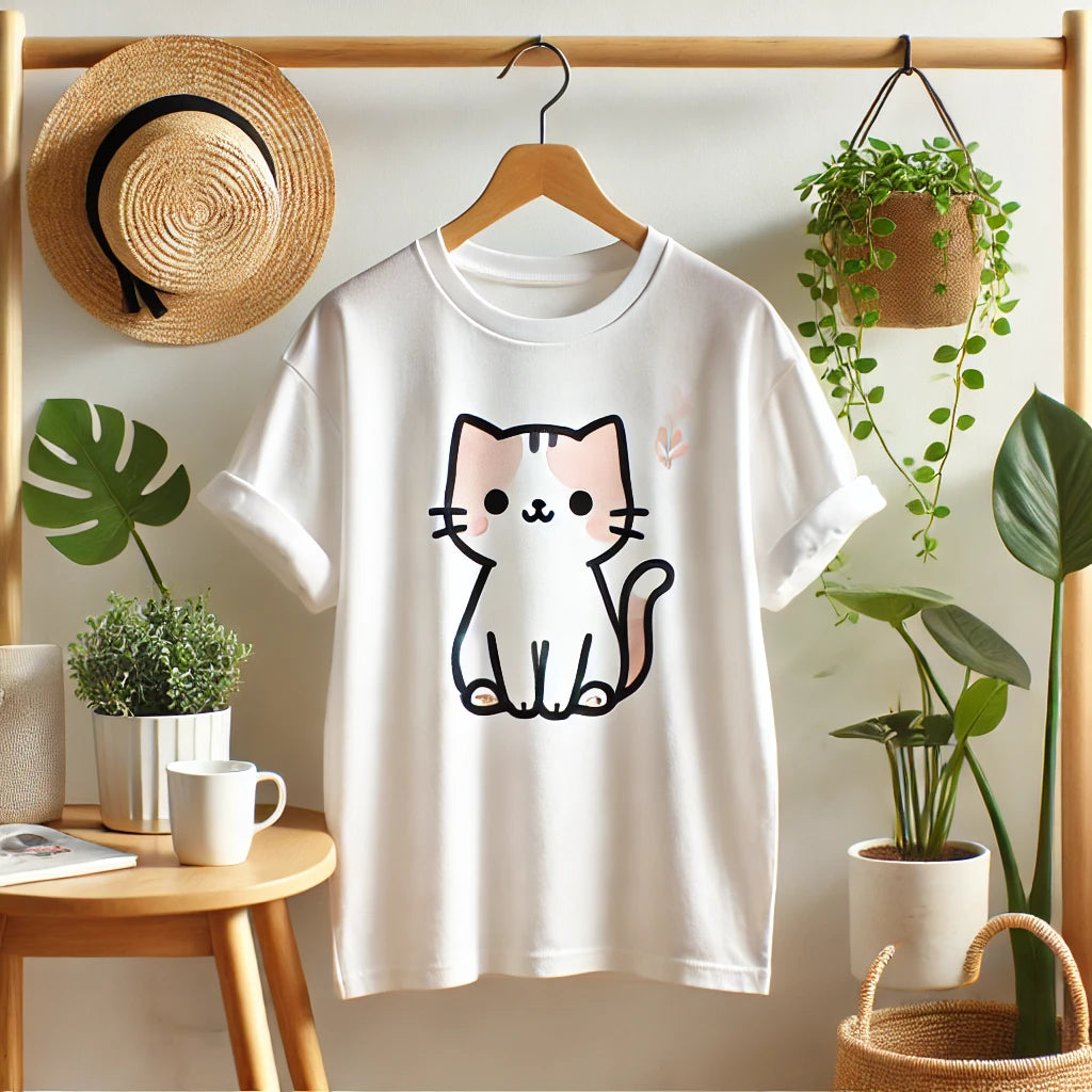 Un T-shirt blanc décoré d’un design cartoon de chat souriant, suspendu dans une pièce lumineuse avec des plantes et une tasse de café 