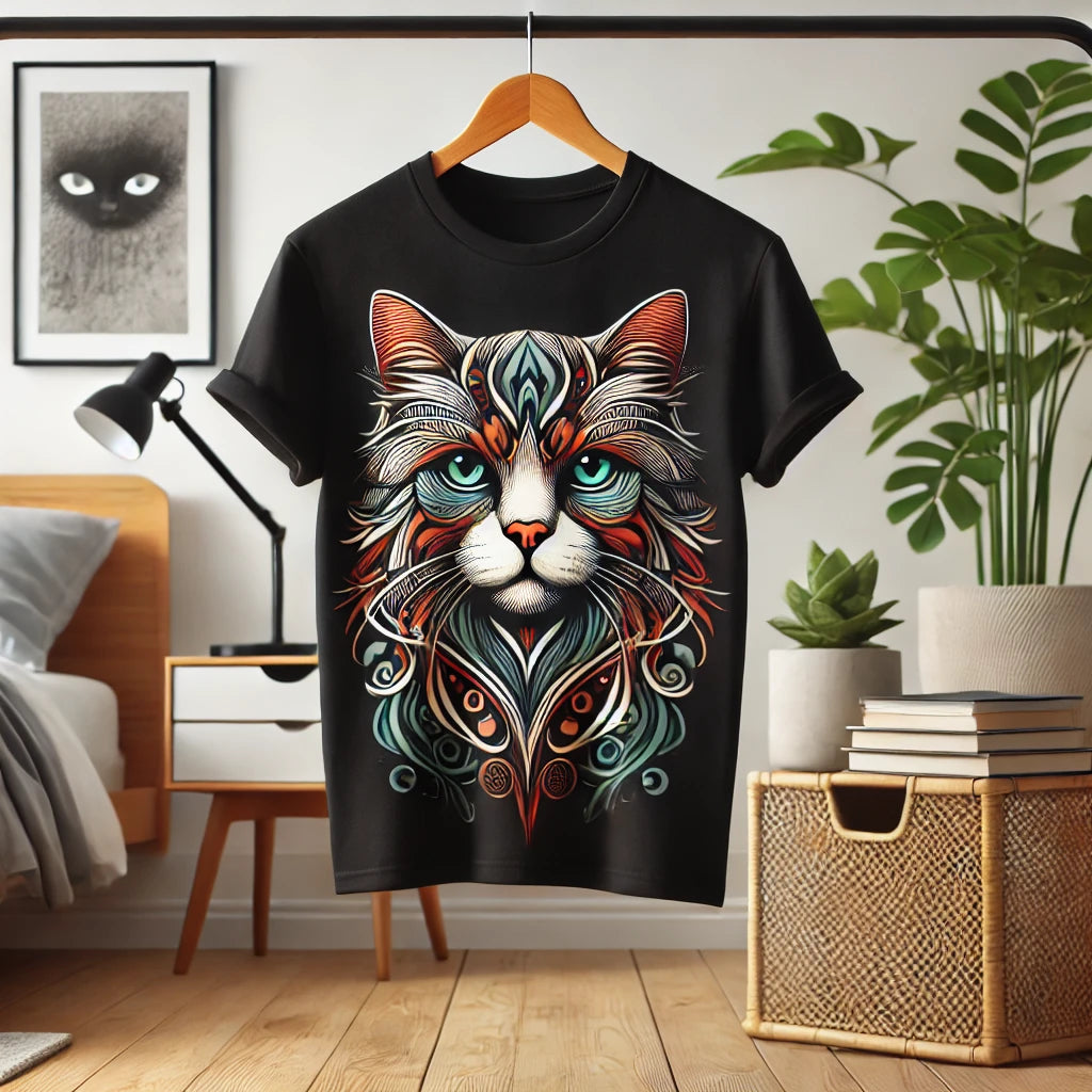 Un T-shirt noir pour homme arborant une illustration colorée et artistique de la tête d’un chat