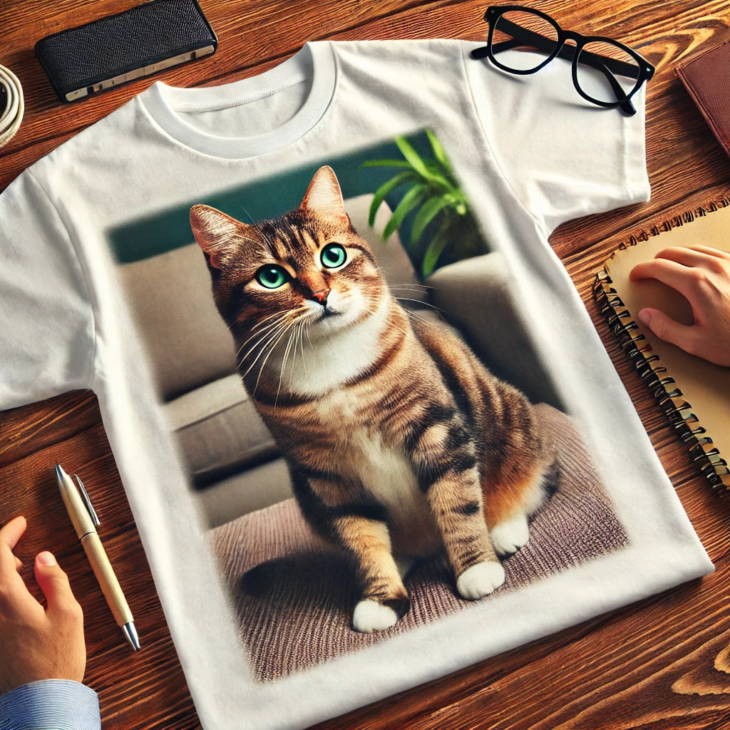 Un T-shirt blanc avec une impression personnalisée d’un chat tigré, posé à plat sur une table en bois entourée d’objets personnels comme des lunettes et un carnet pour une ambiance créative