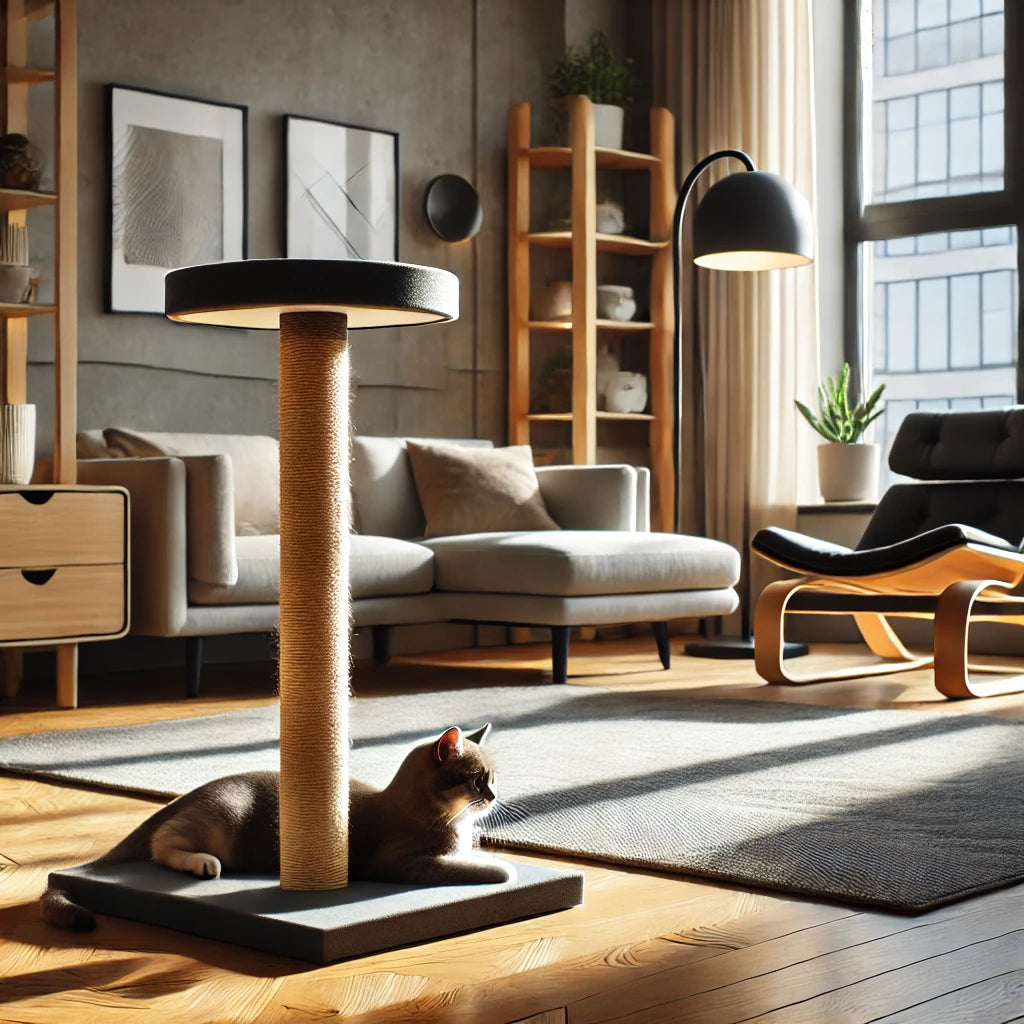 Griffoir pour chat design en bois clair, placé dans un salon minimaliste avec de grandes baies vitrées et une décoration contemporaine, parfait pour les chats d'appartement