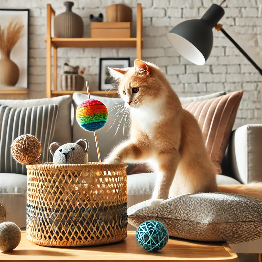 Chat jouant avec des jouets colorés dans un panier en osier design, installé dans un salon lumineux avec une décoration scandinave et des coussins assortis