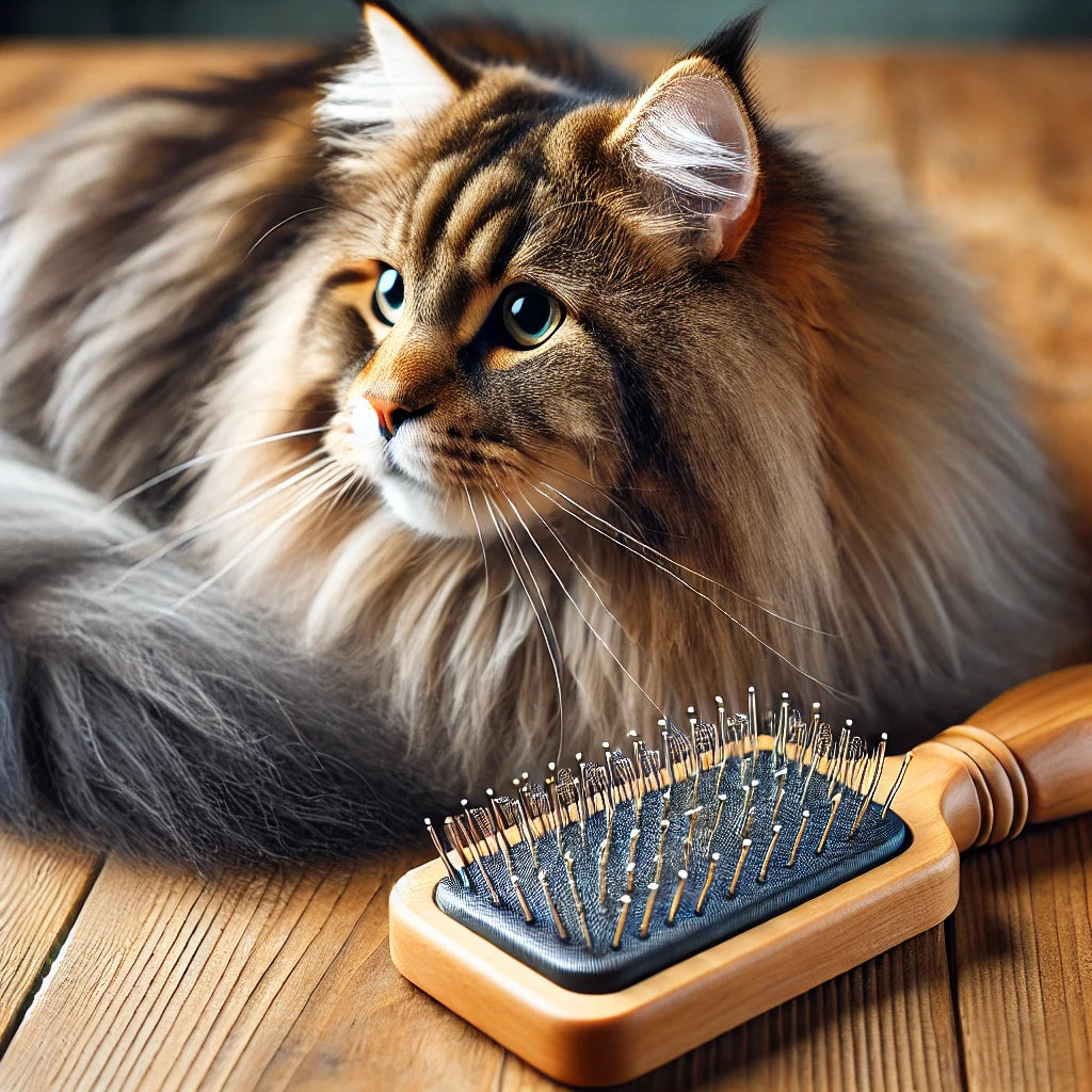 Brosse pour chat à poils longs avec des brins métalliques et un manche ergonomique en bois, posée sur une surface en bois avec un chat Maine Coon réaliste à côté