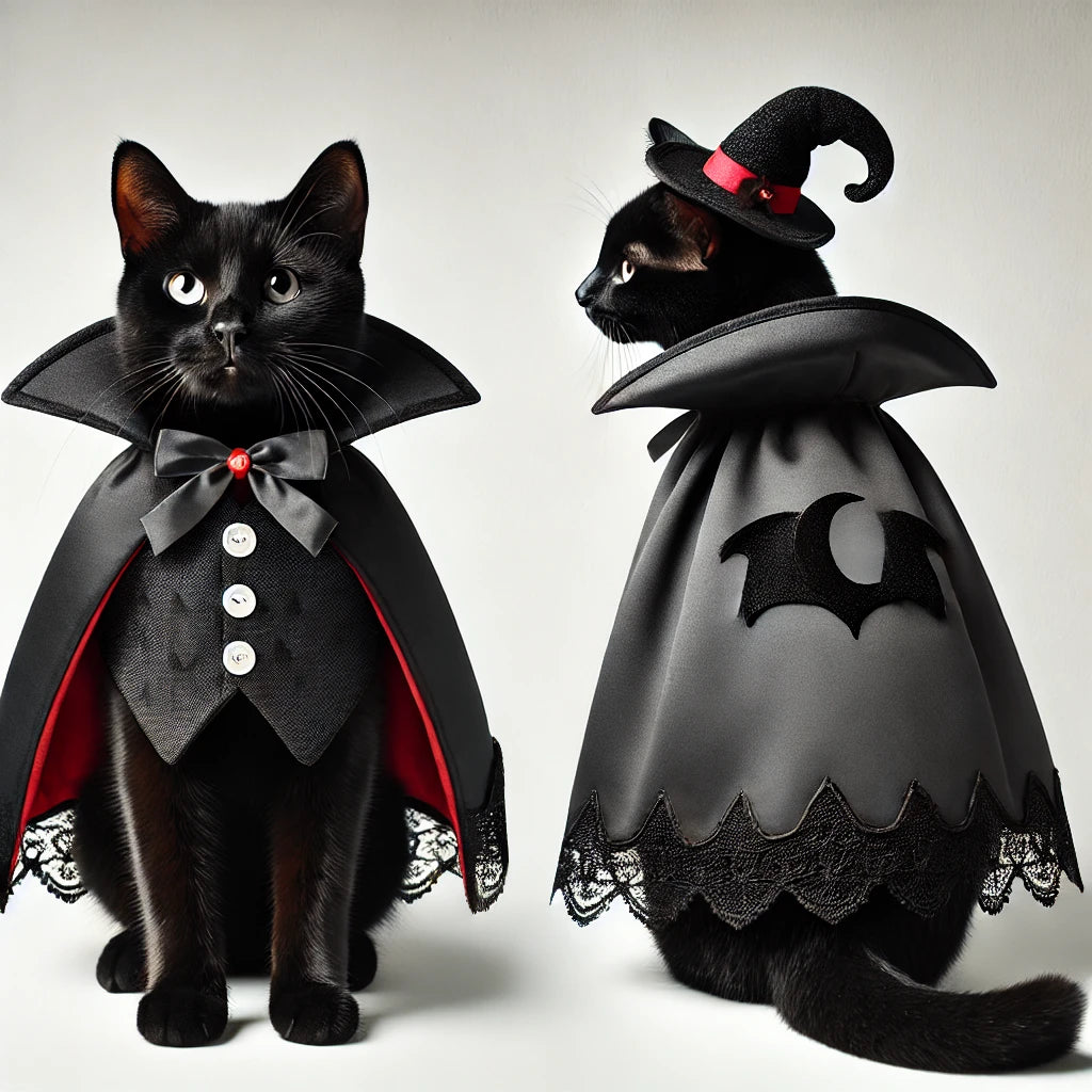 Costume de chat pour Halloween avec une cape noire, un col de vampire et un chapeau de sorcière